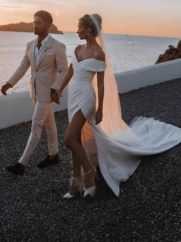 Wholesale Sheath/Column Stretch Crepe Ruched Off-the-Shoulder Sleeveless Chapel Train Wedding Dresses