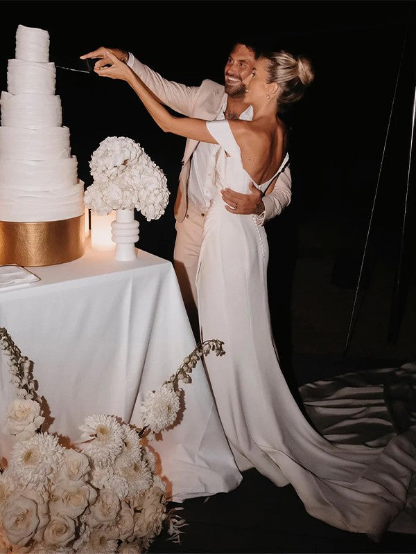 Wholesale Sheath/Column Stretch Crepe Ruched Off-the-Shoulder Sleeveless Chapel Train Wedding Dresses