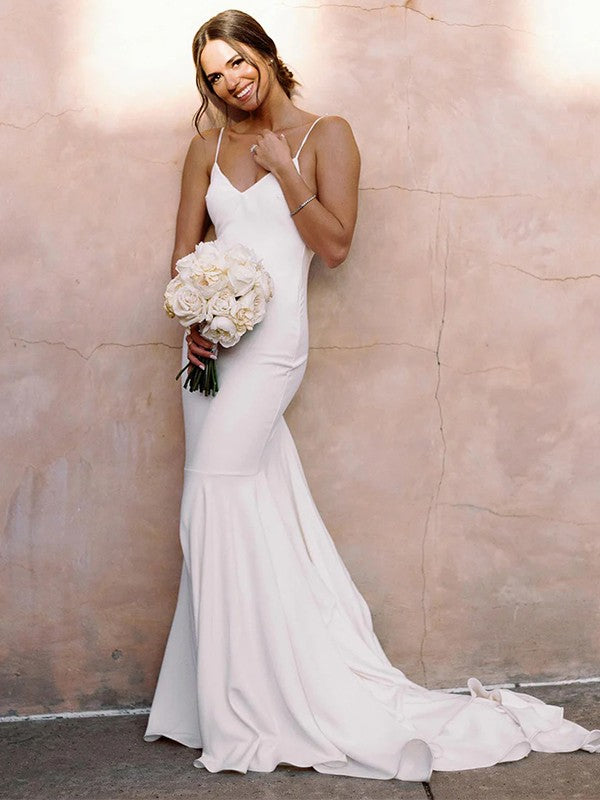 Wholesale Sheath/Column Stretch Crepe V-neck Sleeveless Court Train Wedding Dresses