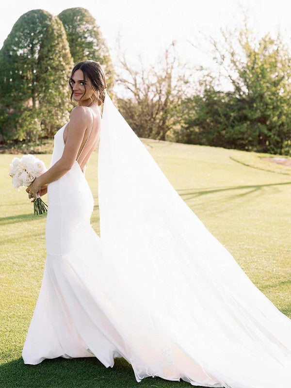 Wholesale Sheath/Column Stretch Crepe V-neck Sleeveless Court Train Wedding Dresses