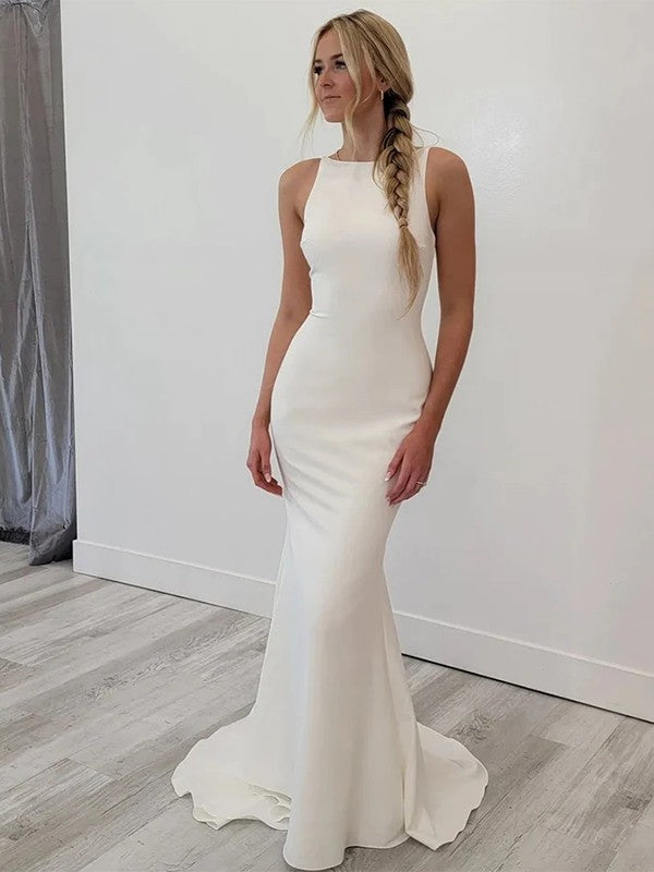 Wholesale Sheath/Column Stretch Crepe Bateau Sleeveless Sweep/Brush Train Wedding Dresses