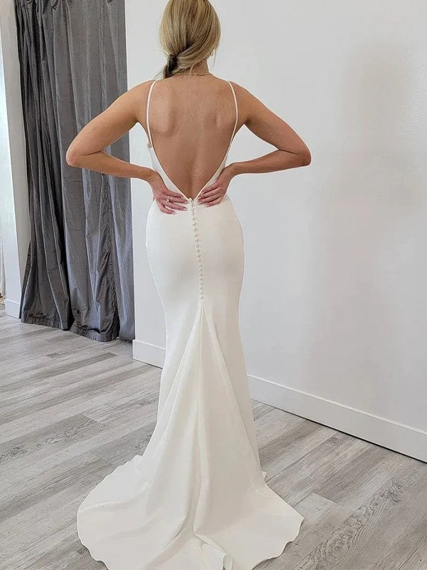 Wholesale Sheath/Column Stretch Crepe Bateau Sleeveless Sweep/Brush Train Wedding Dresses