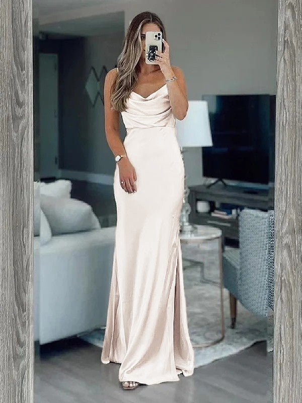 Wholesale Sheath/Column Silk like Satin Ruched Spaghetti Straps Sleeveless Floor-Length Bridesmaid Dresses