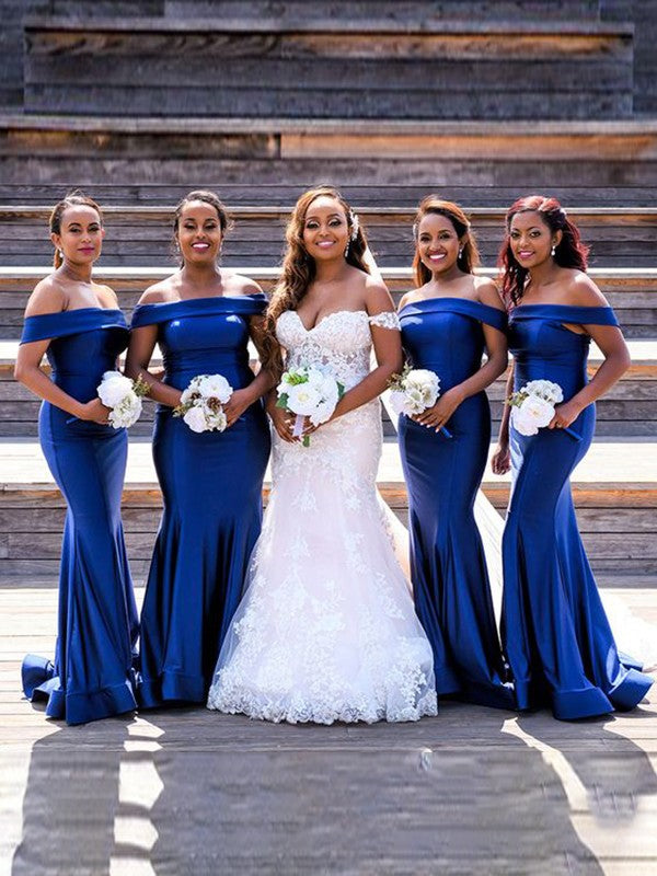 Wholesale Sheath/Column Elastic Woven Satin Ruched Off-The-Shoulder Sleeveless Sweep/Brush Train Bridesmaid Dresses