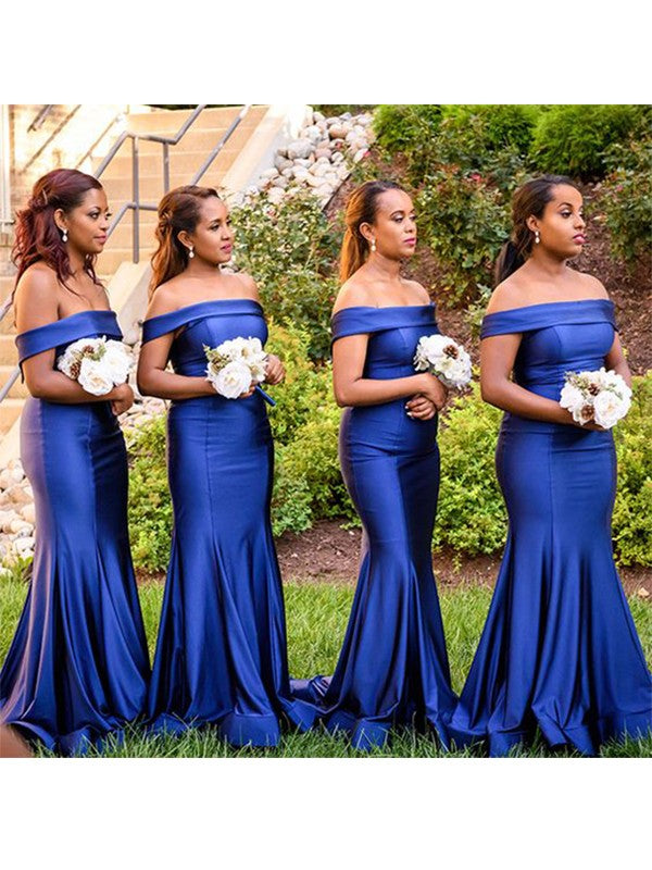 Wholesale Sheath/Column Elastic Woven Satin Ruched Off-The-Shoulder Sleeveless Sweep/Brush Train Bridesmaid Dresses