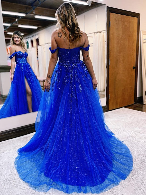 Wholesale A-Line/Princess Tulle Applique Off-the-Shoulder Sleeveless Sweep/Brush Train Dresses