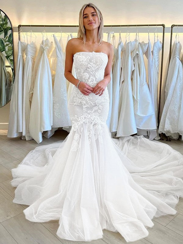 Wholesale Trumpet/Mermaid Tulle Applique Strapless Sleeveless Cathedral Train Wedding Dresses