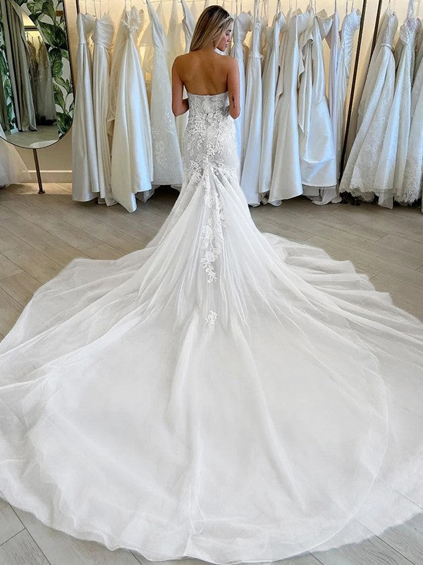 Wholesale Trumpet/Mermaid Tulle Applique Strapless Sleeveless Cathedral Train Wedding Dresses