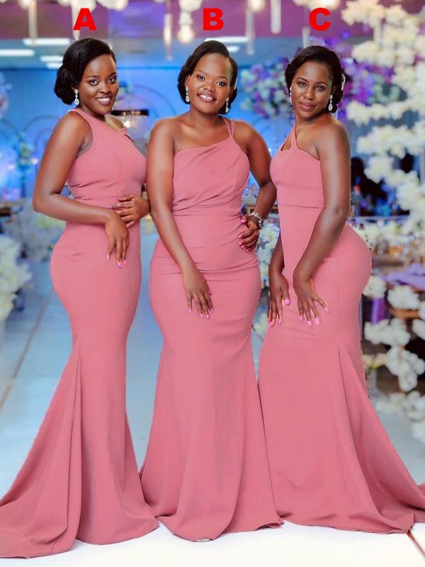 Wholesale Sheath/Column Stretch Crepe Ruched One-Shoulder Sleeveless Sweep/Brush Train Bridesmaid Dresses