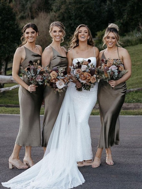 Wholesale Sheath/Column Silk like Satin Ruched Spaghetti Straps Sleeveless Tea-Length Bridesmaid Dresses