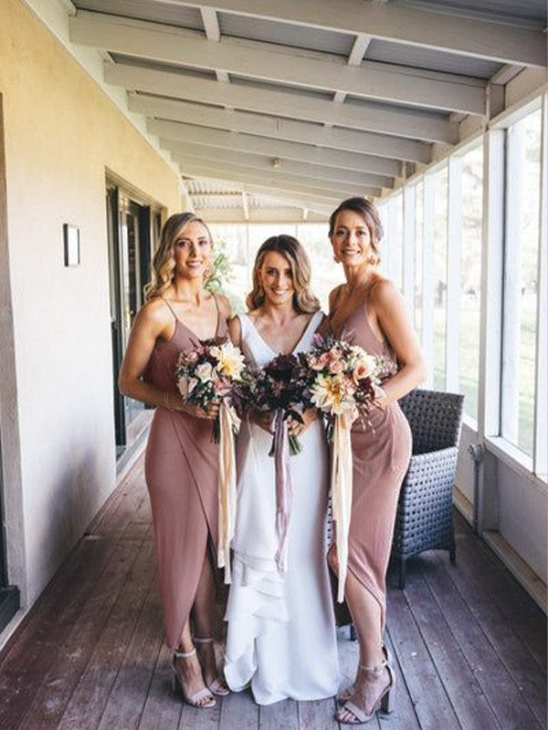 Wholesale Sheath/Column Stretch Crepe Ruched V-neck Sleeveless Asymmetrical Bridesmaid Dresses