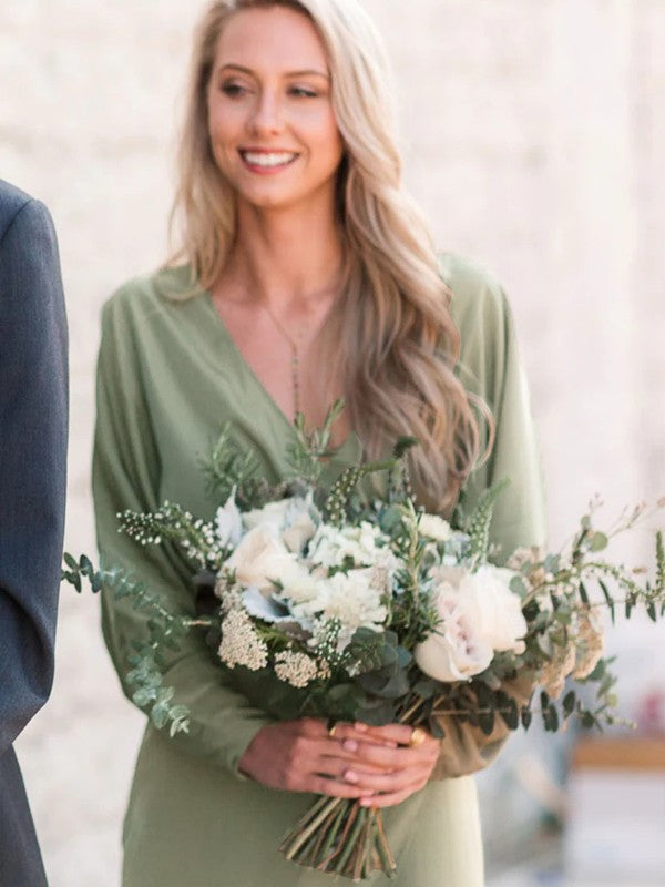 Wholesale Sheath/Column NS Elastic Woven Satin Ruched V-neck Long Sleeves Floor-Length Bridesmaid Dresses