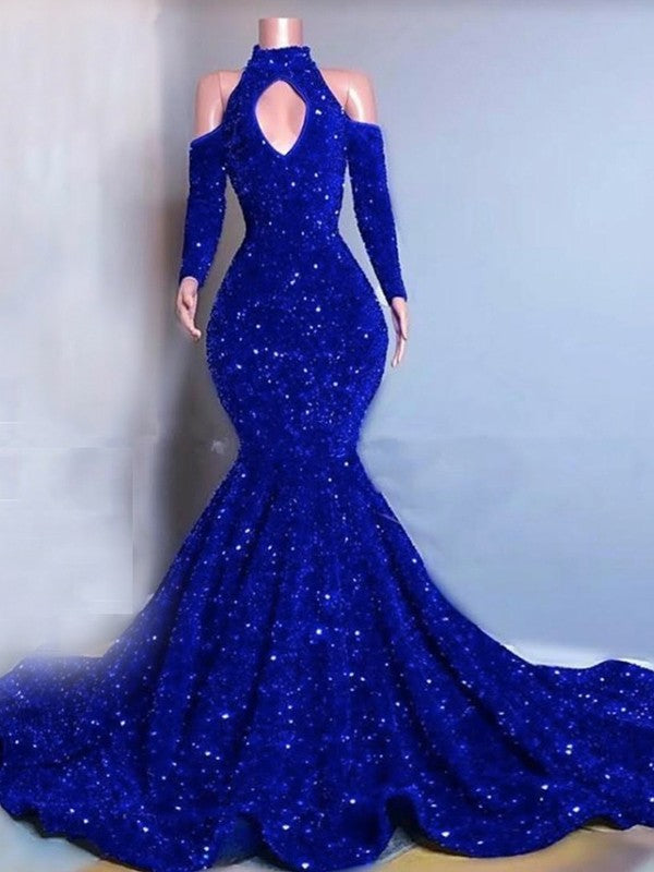 Wholesale Trumpet/Mermaid Velvet Sequins High Neck Long Sleeves Chapel Train Dresses