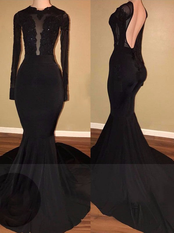 Wholesale Trumpet/Mermaid Elastic Woven Satin Lace Scoop Long Sleeves Chapel Train Dresses