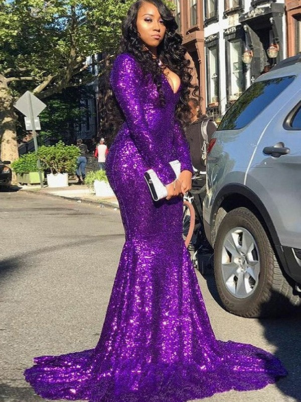 Wholesale Sheath/Column Sequins V-neck Long Sleeves Sweep/Brush Train Dresses