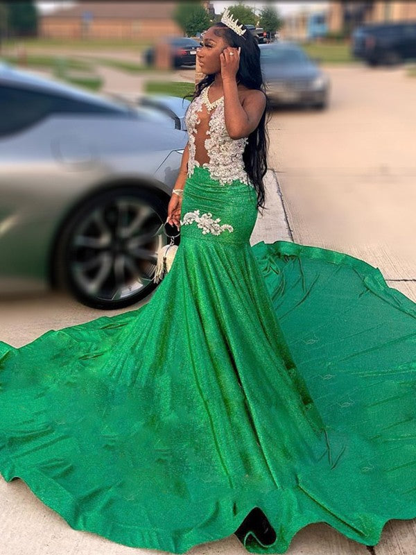 Wholesale Trumpet/Mermaid Silk like Satin Applique Scoop Sleeveless Chapel Train Dresses