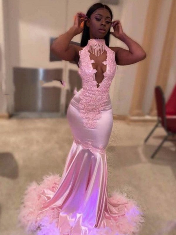 Wholesale Trumpet/Mermaid Elastic Woven Satin Applique High Neck Sleeveless Sweep/Brush Train Dresses