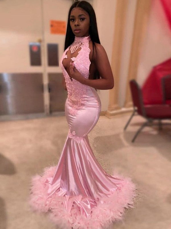 Wholesale Trumpet/Mermaid Elastic Woven Satin Applique High Neck Sleeveless Sweep/Brush Train Dresses