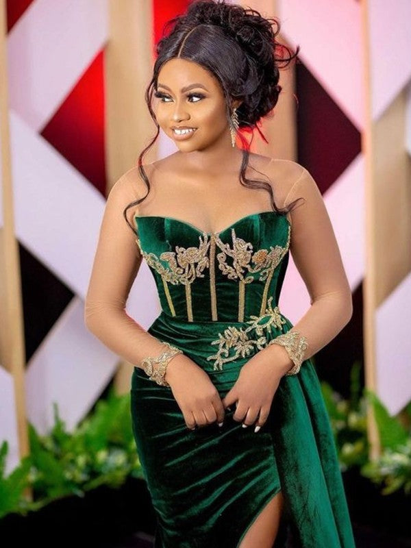 Wholesale Sheath/Column Velvet Applique Scoop Sleeveless Sweep/Brush Train Dresses