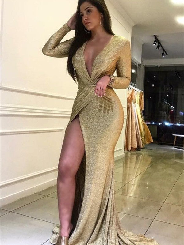 Wholesale Sheath/Column Ruffles V-neck Long Sleeves Sweep/Brush Train Dresses