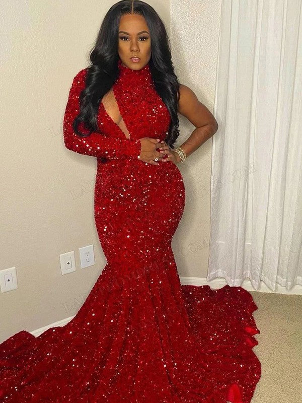 Wholesale Trumpet/Mermaid Sequin High Neck Long Sleeves Sweep/Brush Train Dresses