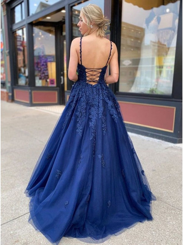 Wholesale A-Line/Princess Tulle Applique V-neck Sleeveless Sweep/Brush Train Dresses