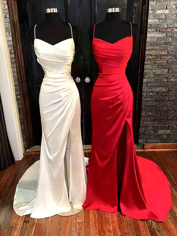 Wholesale Sheath/Column Elastic Woven Satin Ruched Spaghetti Straps Sleeveless Sweep/Brush Train Dresses