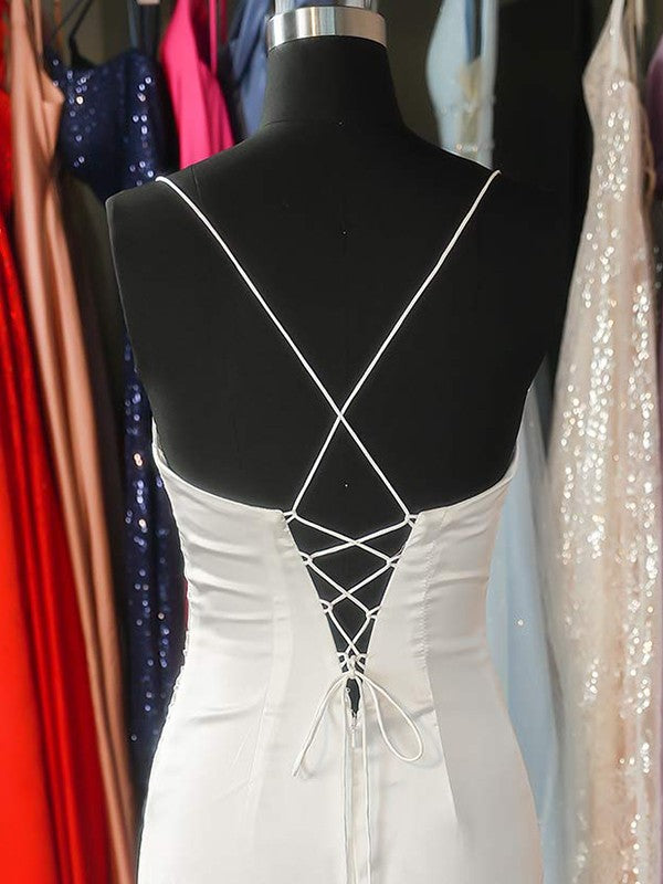 Wholesale Sheath/Column Elastic Woven Satin Ruched Spaghetti Straps Sleeveless Sweep/Brush Train Dresses