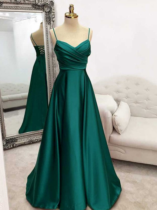 Wholesale A-Line/Princess Elastic Woven Satin Ruffles V-neck Sleeveless Sweep/Brush Train Dresses