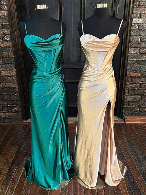 Wholesale Sheath/Column Silk like Satin Pleats Spaghetti Straps Sleeveless Sweep/Brush Train Dresses