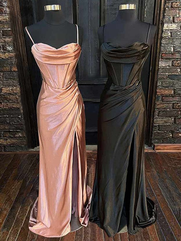 Wholesale Sheath/Column Silk like Satin Pleats Spaghetti Straps Sleeveless Sweep/Brush Train Dresses