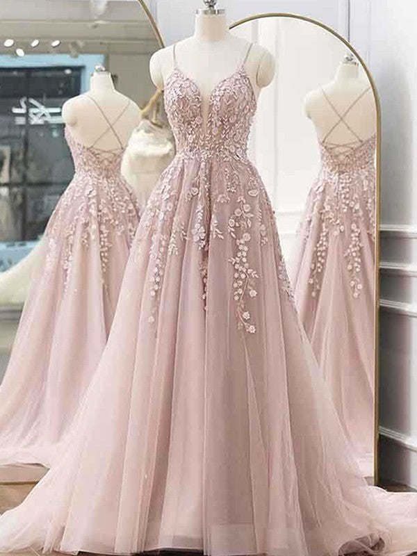 Wholesale A-Line/Princess Tulle Applique V-neck Sleeveless Sweep/Brush Train Dresses