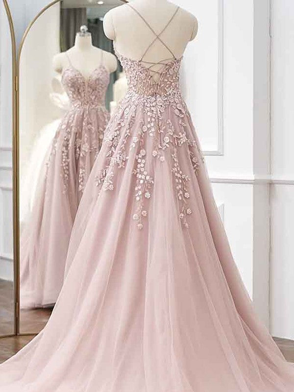 Wholesale A-Line/Princess Tulle Applique V-neck Sleeveless Sweep/Brush Train Dresses