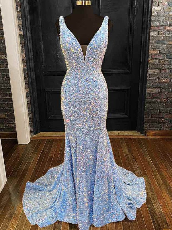 Wholesale Sheath/Column Velvet Sequins V-neck Sleeveless Sweep/Brush Train Dresses