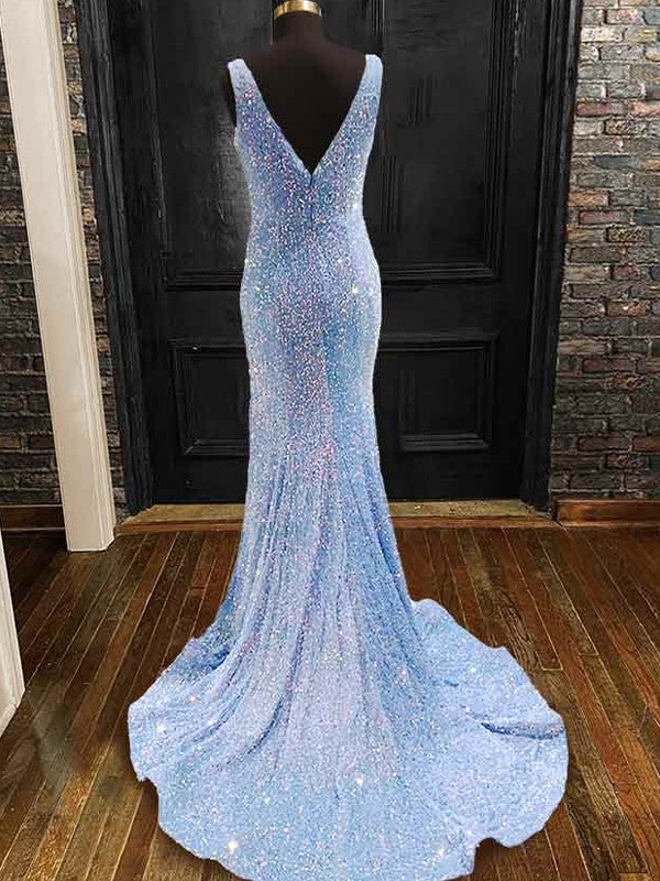 Wholesale Sheath/Column Velvet Sequins V-neck Sleeveless Sweep/Brush Train Dresses