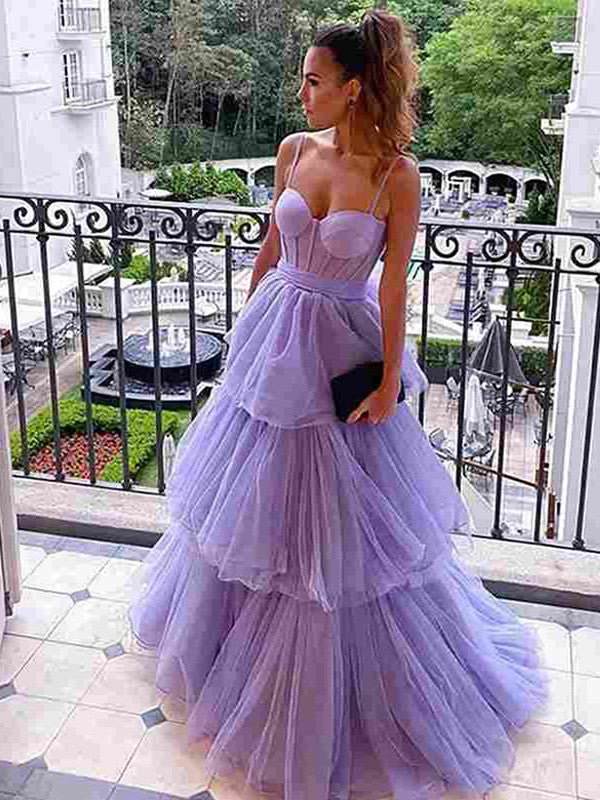 Wholesale A-Line/Princess Tulle Layers Spaghetti Straps Sleeveless Floor-Length Dresses
