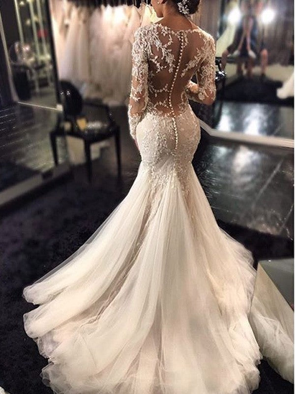 Wholesale Trumpet/Mermaid V-neck Long Sleeves Lace Court Train Tulle Wedding Dresses