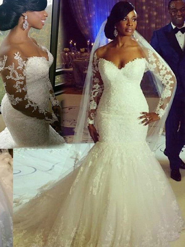 Wholesale Trumpet/Mermaid Long Sleeves Sweetheart Sweep/Brush Train Applique Tulle Wedding Dresses