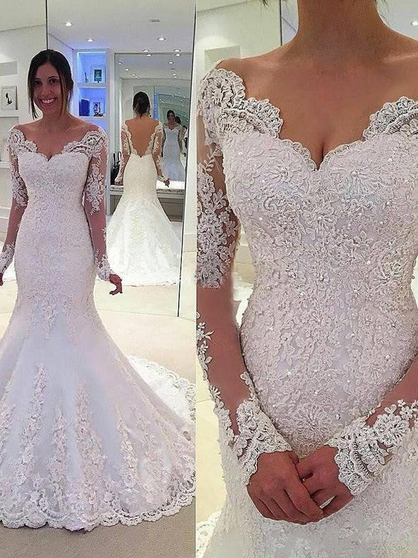 Wholesale Trumpet/Mermaid V-neck Long Sleeves Lace Court Train Tulle Wedding Dresses