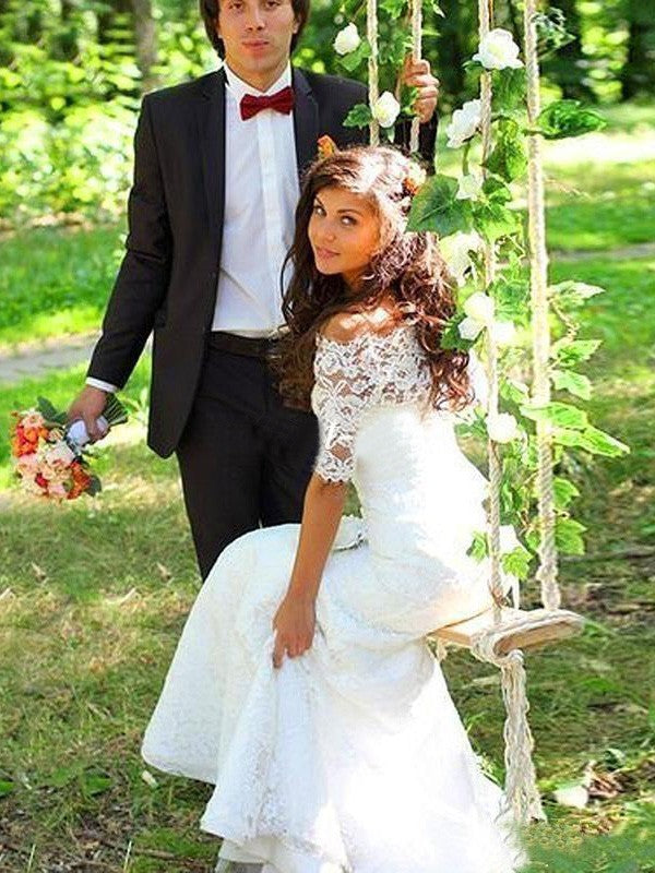 Wholesale Trumpet/Mermaid Off-the-Shoulder 1/2 Sleeves Lace Court Train Wedding Dresses