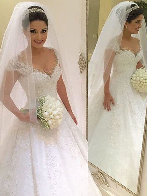 Wholesale Ball Gown Sleeveless V-neck Beading Floor-Length Tulle Wedding Dresses