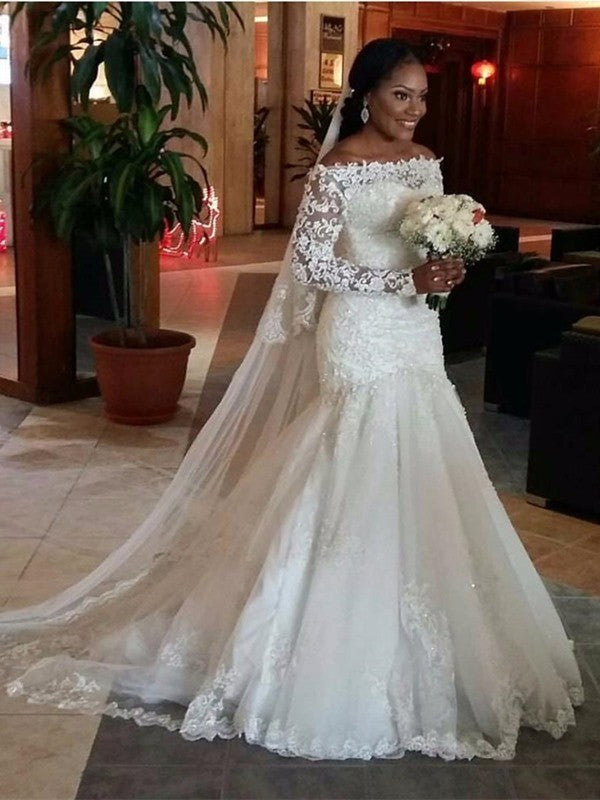 Wholesale Trumpet/Mermaid Off-the-Shoulder Long Sleeves Lace Sweep/Brush Train Tulle Wedding Dresses