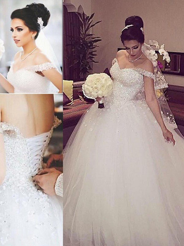Wholesale Ball Gown Off-the-Shoulder Sleeveless Lace Court Train Tulle Wedding Dresses