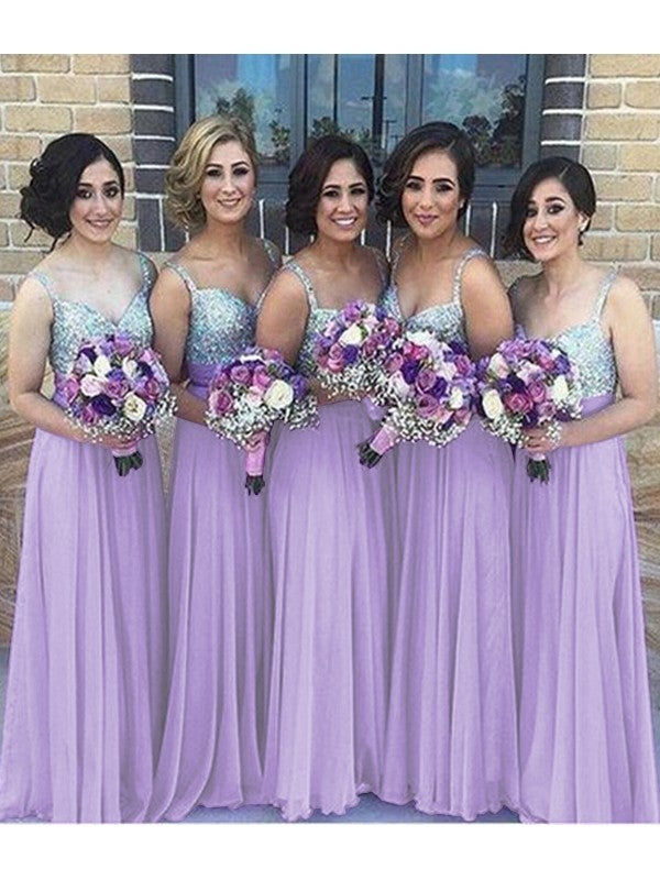 Wholesale A-Line/Princess Sleeveless Sweetheart Floor-Length Sequin Chiffon Bridesmaid Dresses