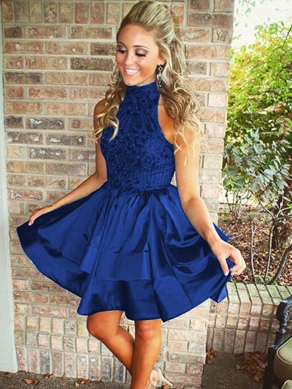 Wholesale A-Line/Princess Sleeveless High Neck Beading Satin Short/Mini Dresses