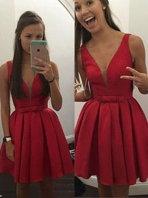 Wholesale A-Line/Princess Sleeveless V-neck Bowknot Satin Short/Mini Dresses