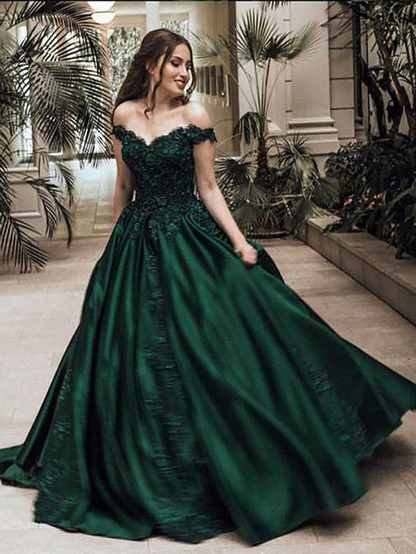 Wholesale Ball Gown Off-the-Shoulder Sleeveless Floor-Length Lace Satin Dresses