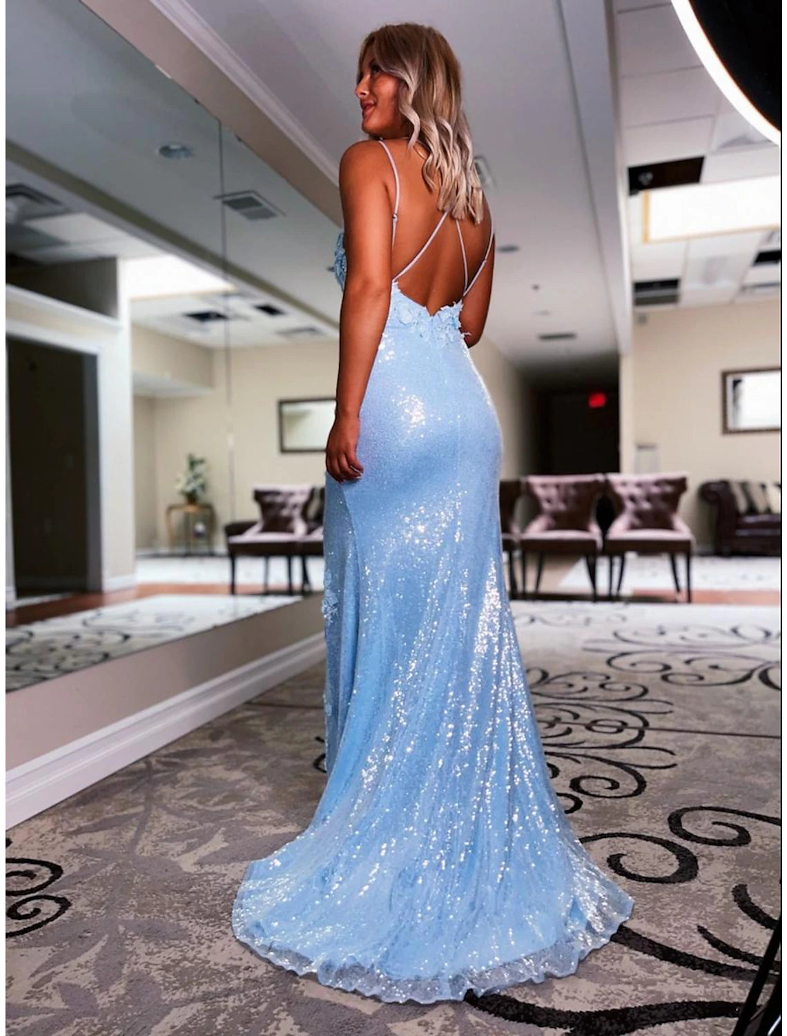 Wholesale  Mermaid / Trumpet Prom Dresses Sparkle & Shine Dress Formal Wedding Party Sweep / Brush Train Sleeveless V Neck Sequined Backless with Sequin Appliques