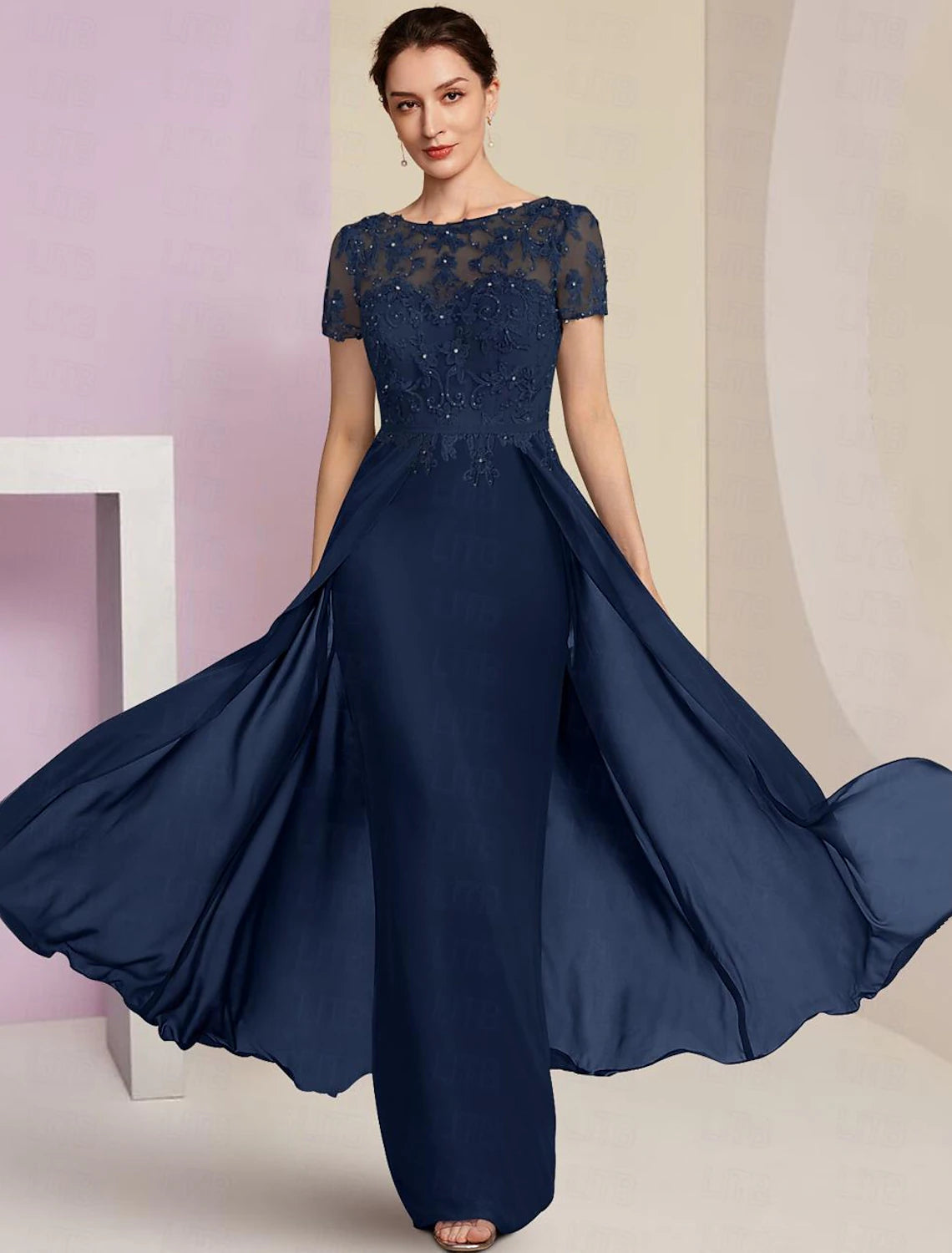 Wholesale A-Line Mother of the Bride Dress Formal Wedding Guest Elegant Bateau Neck Floor Length Chiffon Lace Short Sleeve with Lace Beading Embroidery