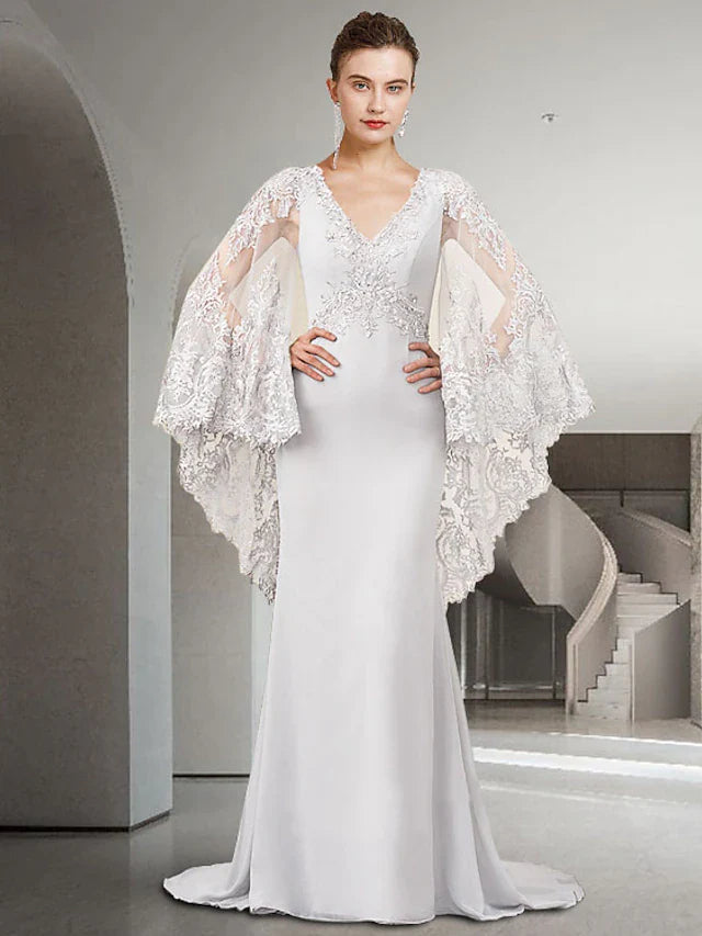 Wholesale Sheath / Column Mother of the Bride Dress Luxurious Elegant V Neck Sweep / Brush Train Chiffon Lace Long Sleeve with Beading Appliques